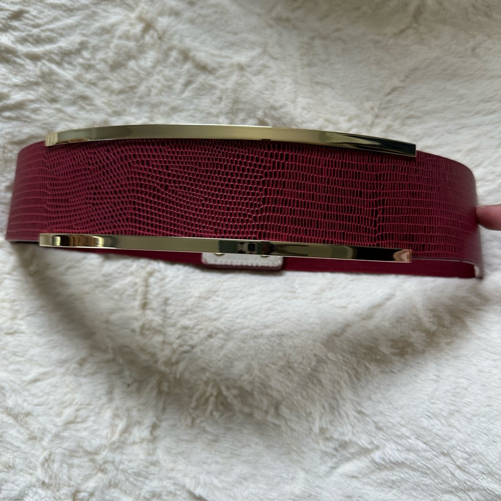 White House Black Market Red Textured Belt with Gold Accents